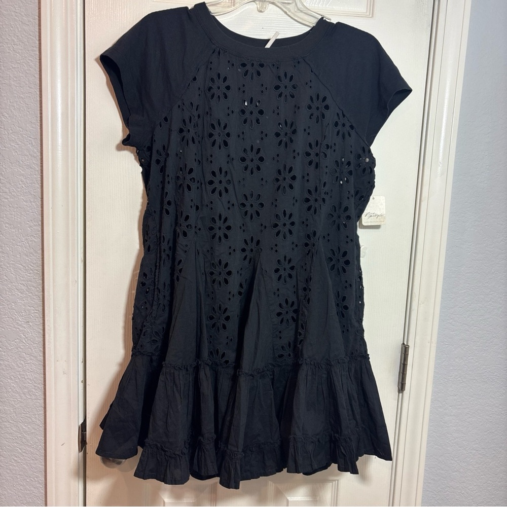 NWT Free People Sadler Black Eyelet Ruffle mini dress size XS.